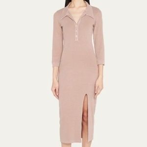 NSF Mia Ribbed Polo Midi Dress 3/4 Sleeves with Front Slit, Size S NWT